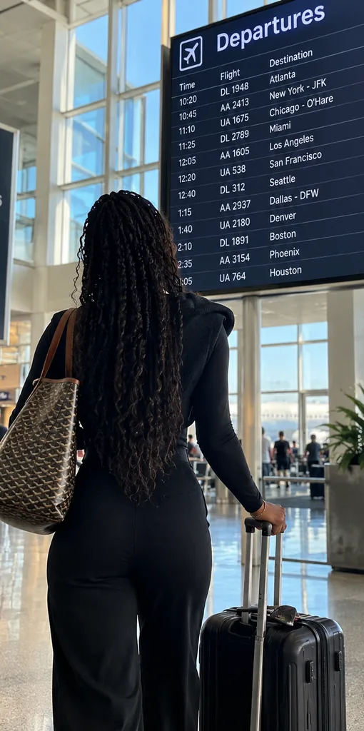 Une voyageuse avec sa valise devant le tableau des départs à l'aéroport