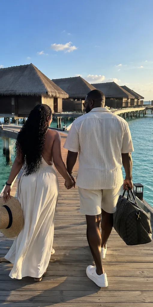 Un couple main dans la main sur un ponton, entre les bungalows sur pilotis